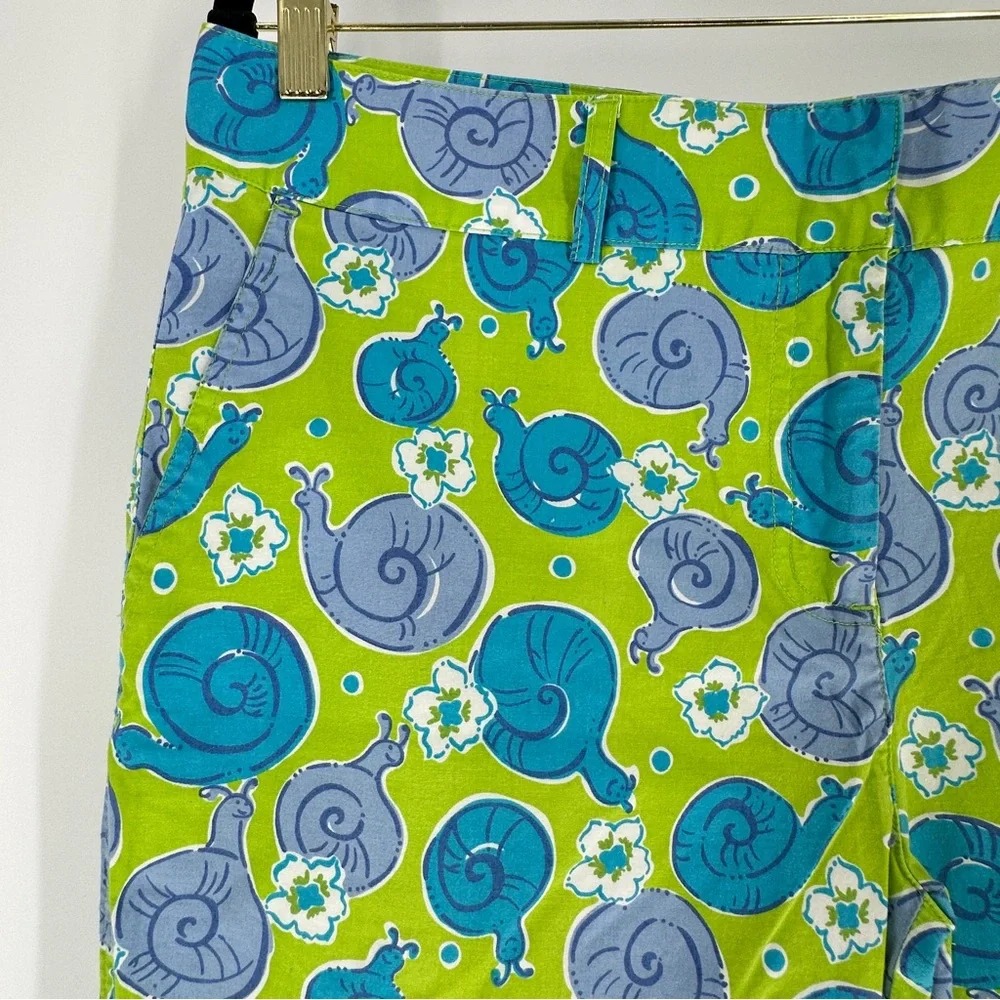 Lilly Pulitzer Green Blue Snail Floral‎ Print Cropped Pants Womens Size 10